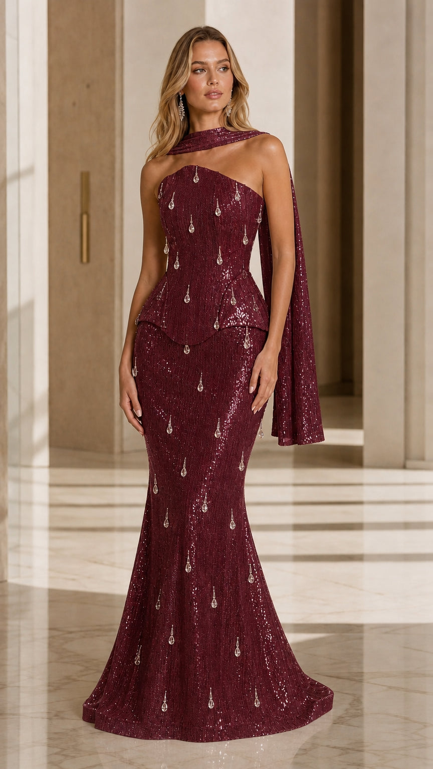 Burgundy wine strapless mermaid peplum evening gown with scarf
