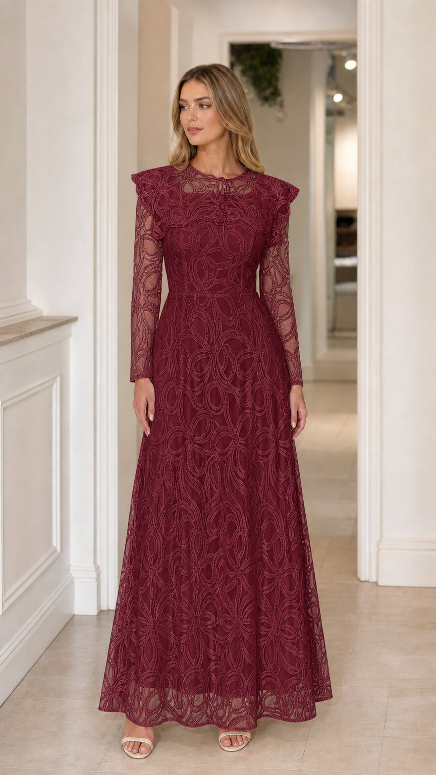 Front view of the Burgundy Lace Capelet Maxi Dress