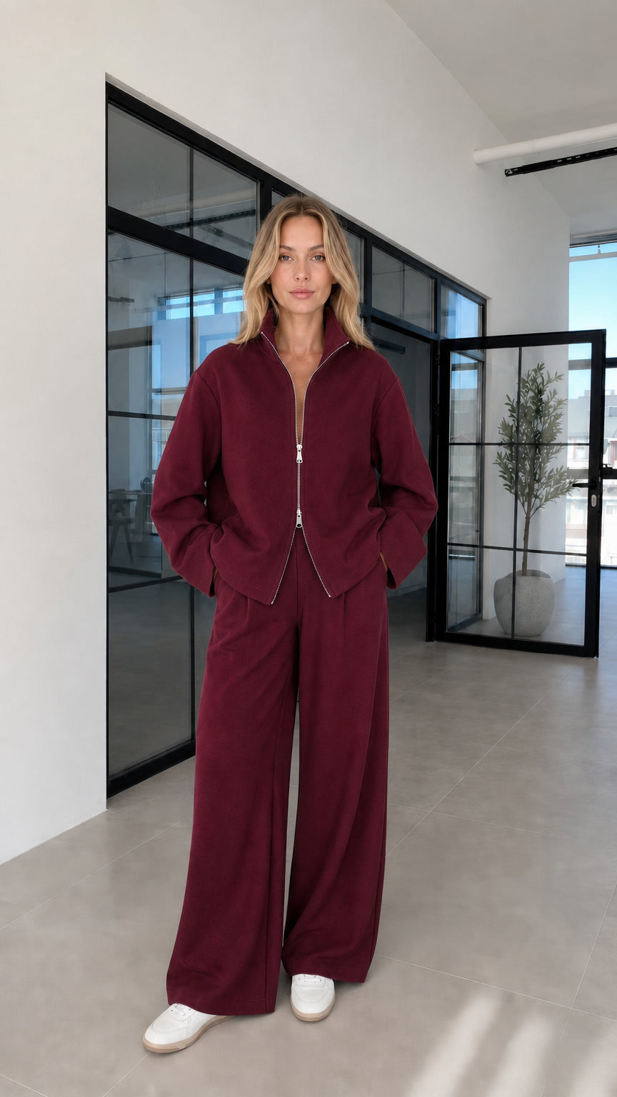 Woman wearing burgundy lounge set