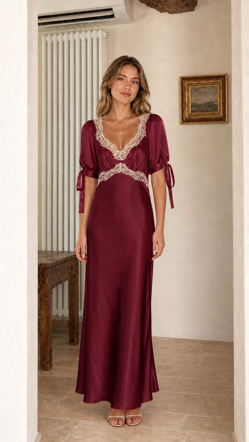 Front view of model wearing Burgundy satin lace trim maxi dress