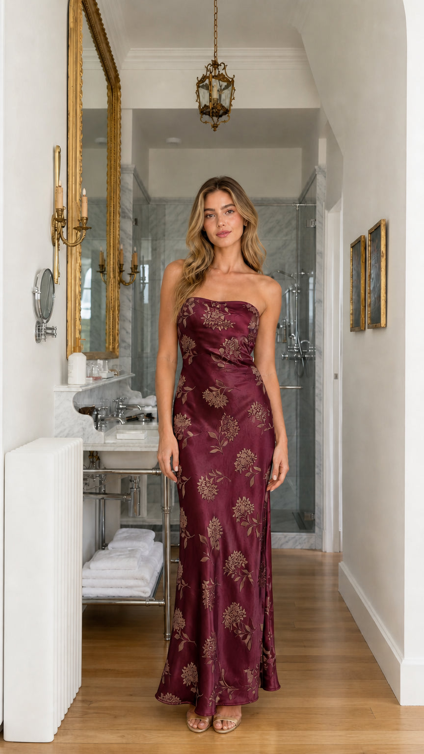 Front view of burgundy floral jacquard strapless maxi dress