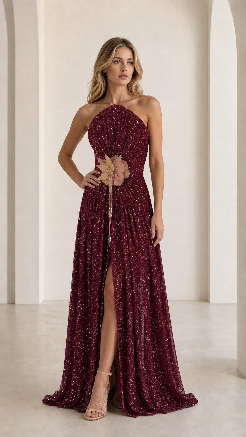 Front view of burgundy sequin halter evening gown