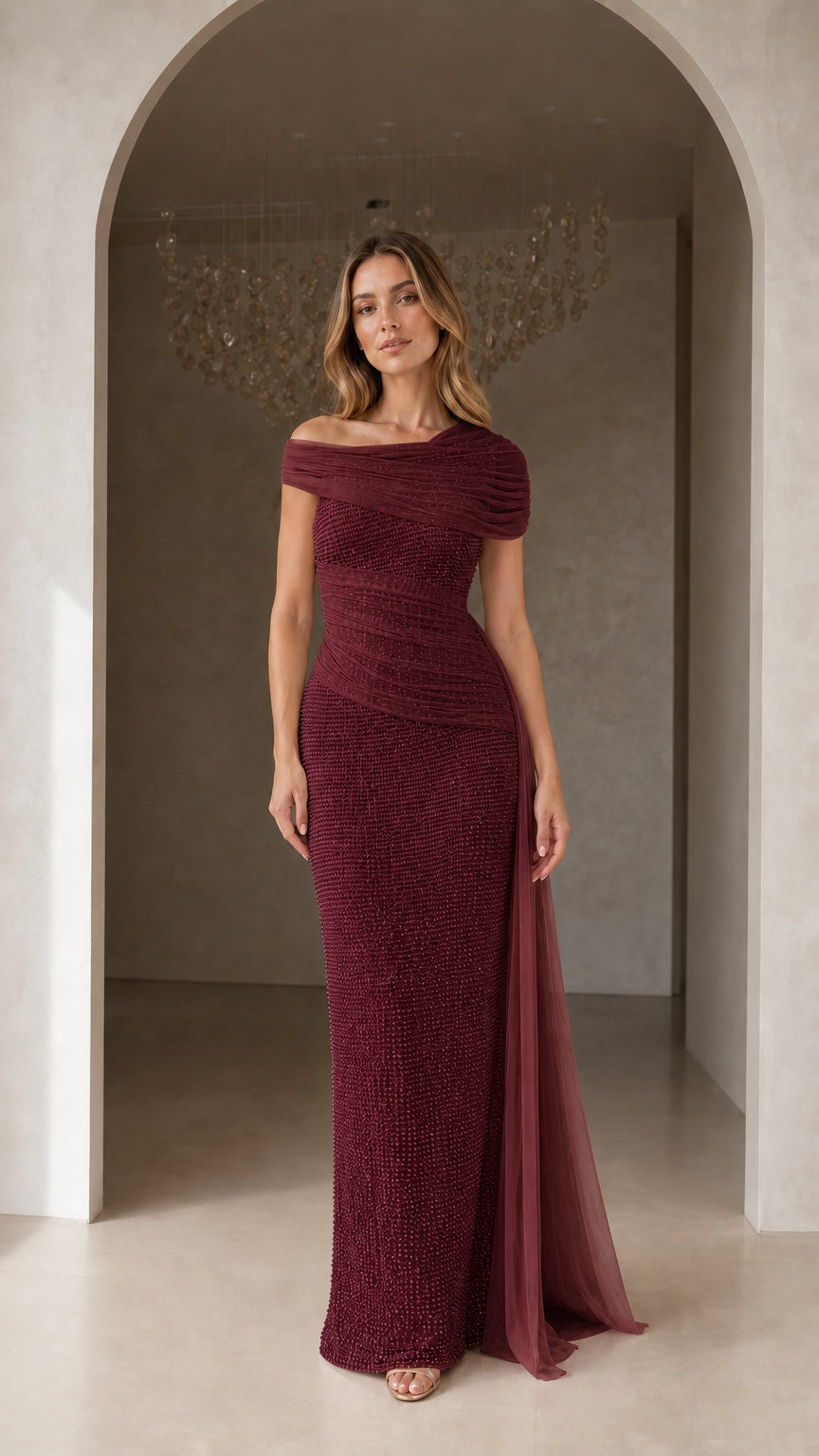 Burgundy off-shoulder formal evening maxi gown