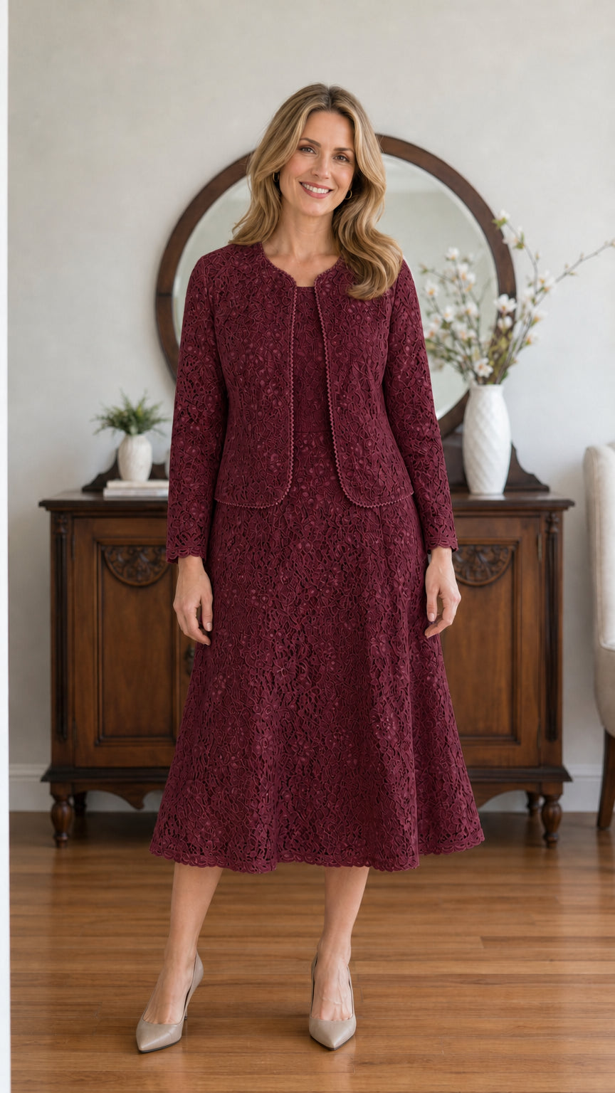 Full front view of model wearing the Burgundy floral lace midi dress and jacket set