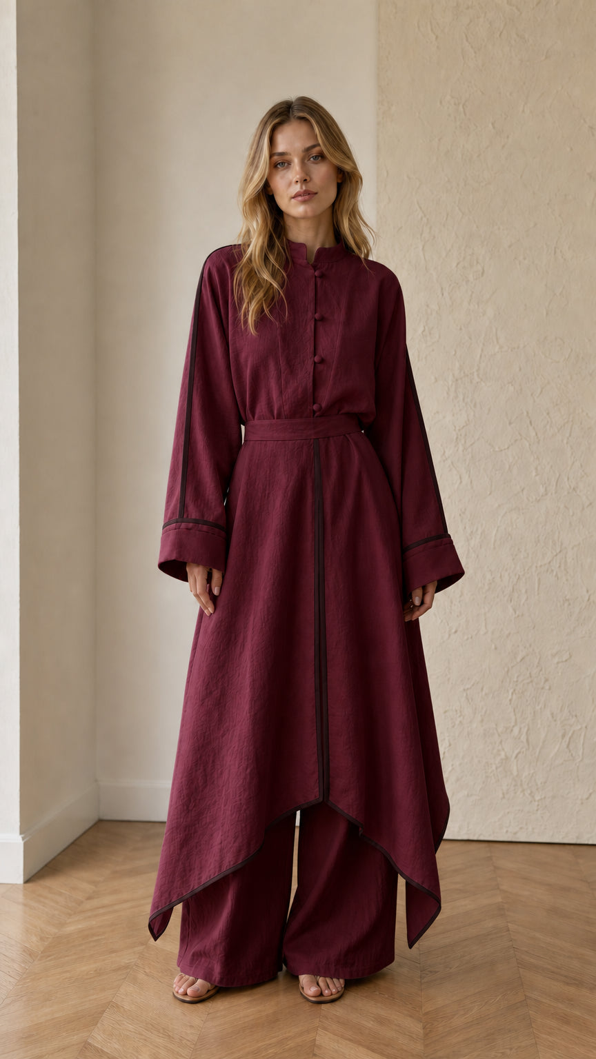 Full front view of burgundy wine red asymmetrical tunic and wide-leg trousers set