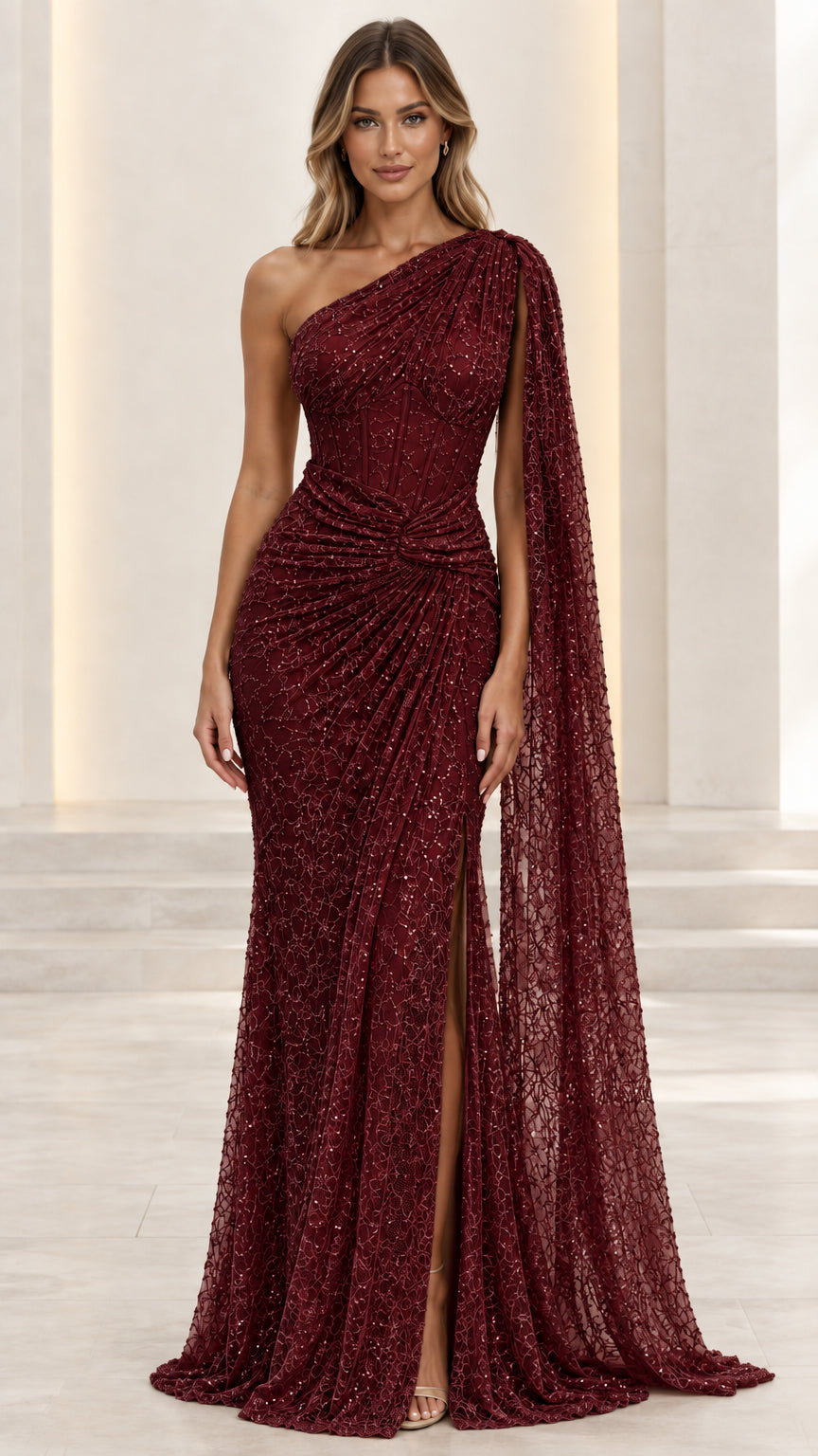 Burgundy wine red one-shoulder glitter formal gown