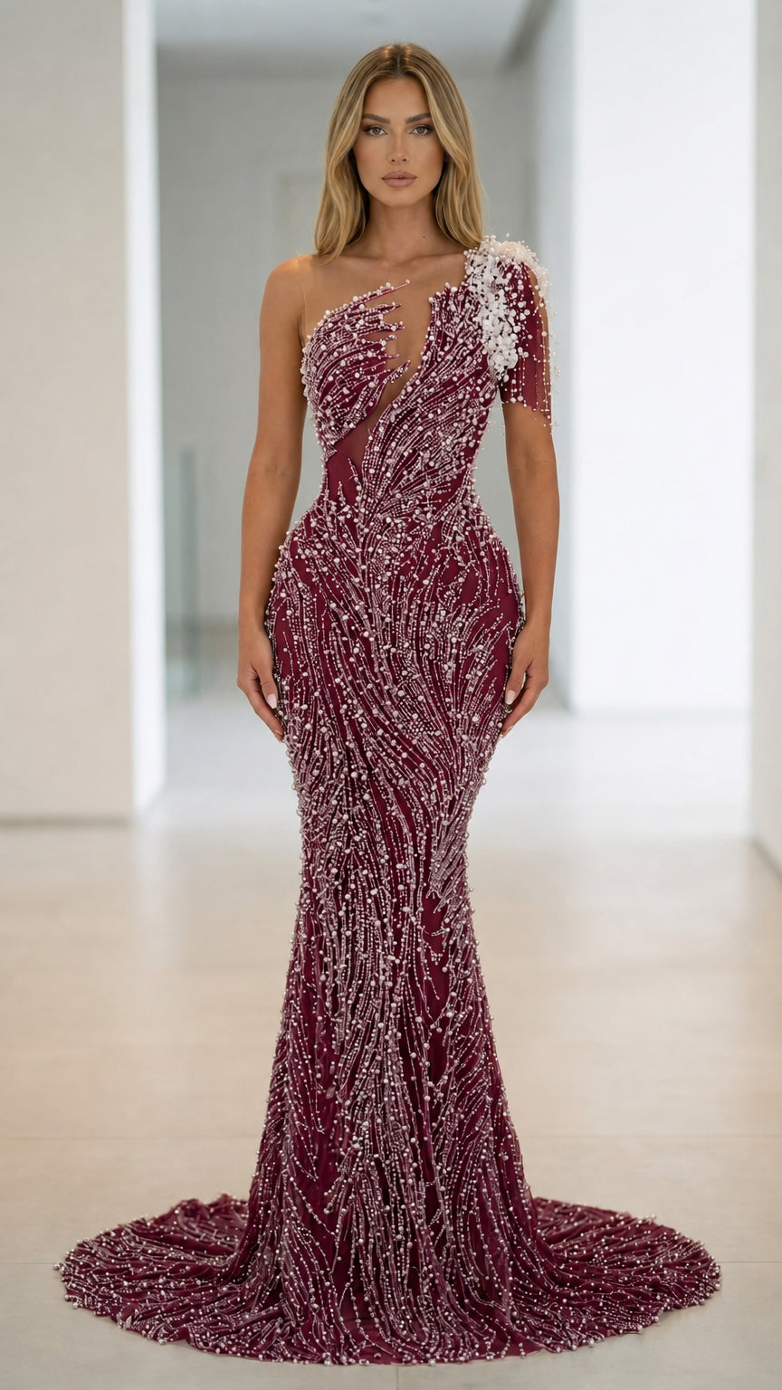 Front view of Burgundy one-shoulder beaded mermaid evening gown