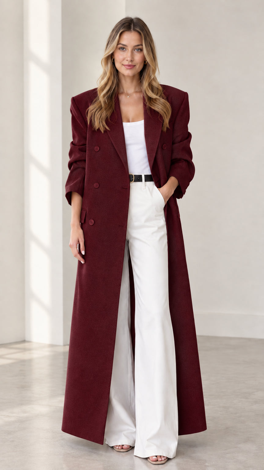Full front view of rich burgundy wine maxi duster overcoat