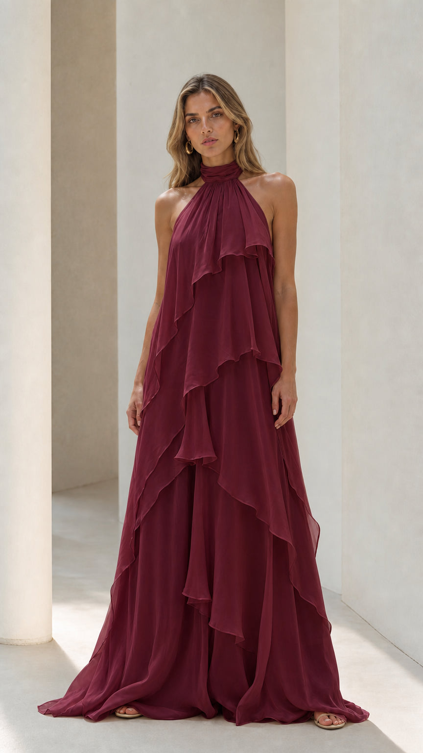Burgundy wine open-back tiered ruffle evening maxi dress