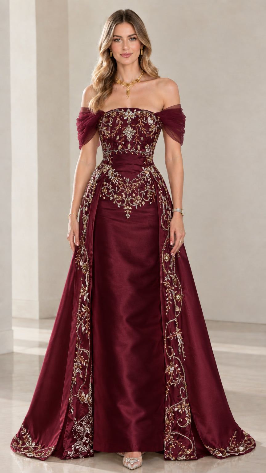 Front view of burgundy wine satin floor-length evening gown with intricate embroidery