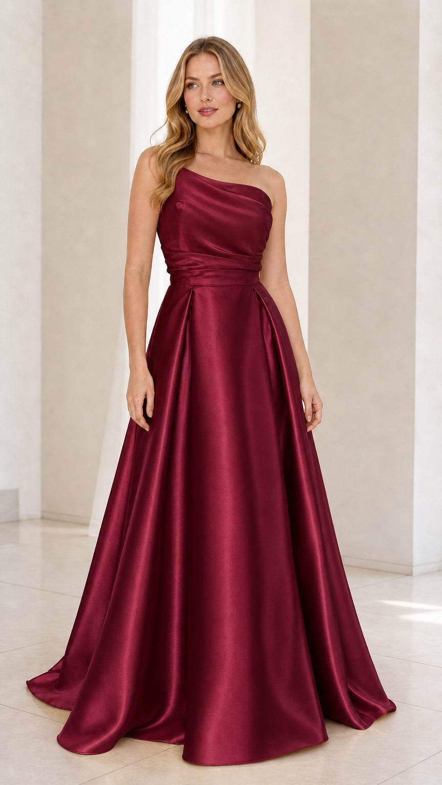 Front view of burgundy one-shoulder satin evening dress