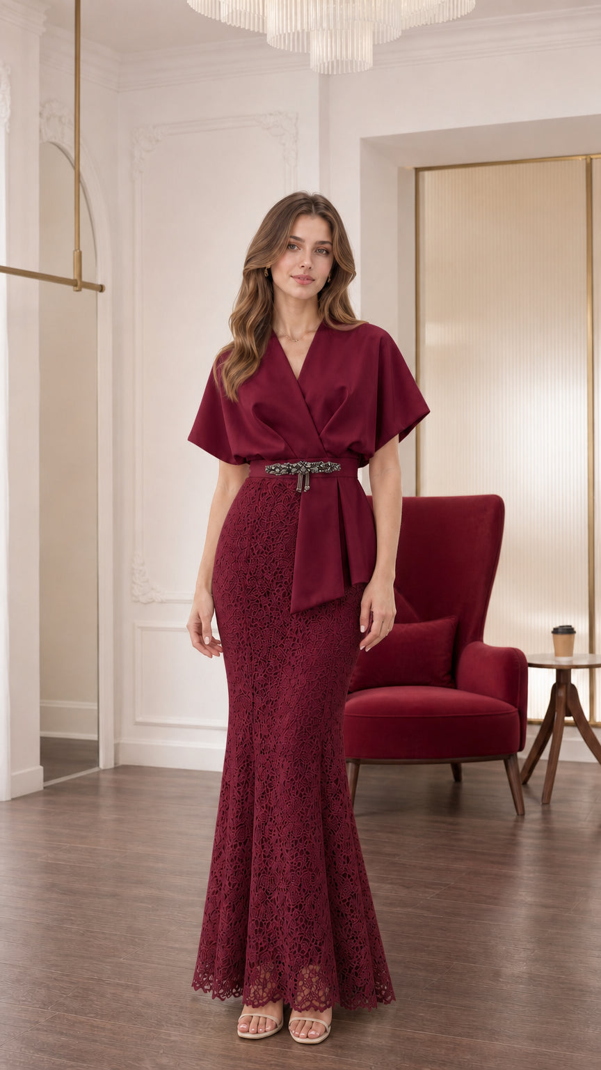 Full front view of burgundy wine draped v-neck lace mermaid formal dress