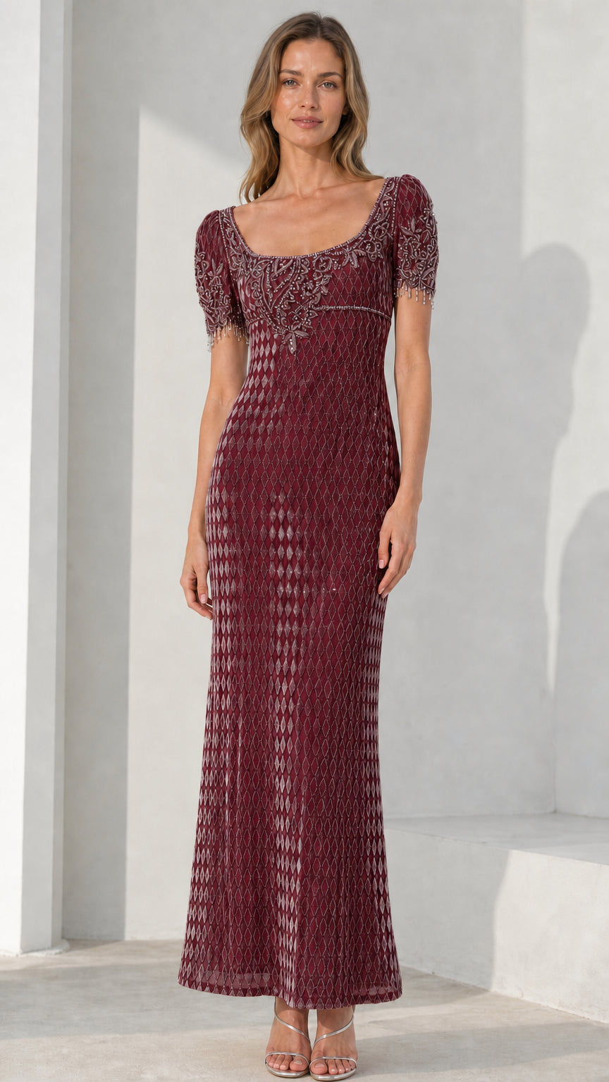 Front view of model in burgundy color variant