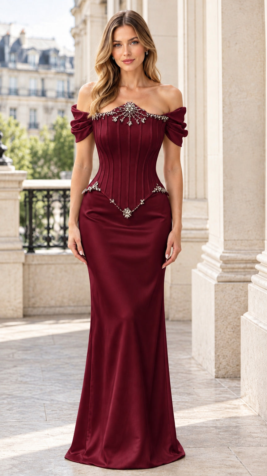 Front view of model wearing burgundy red off-the-shoulder rhinestone corset evening gown