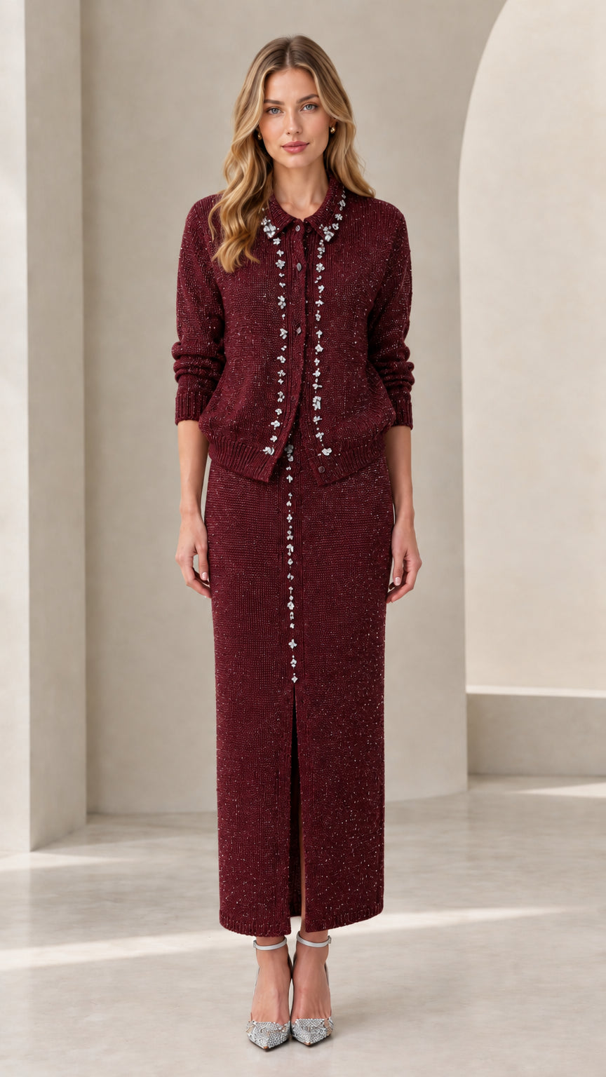 Burgundy rhinestone embellished knit cardigan and maxi skirt set