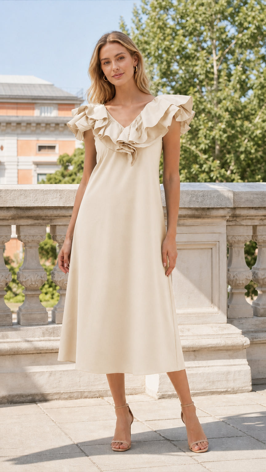 Full length view of beige ruffled midi dress