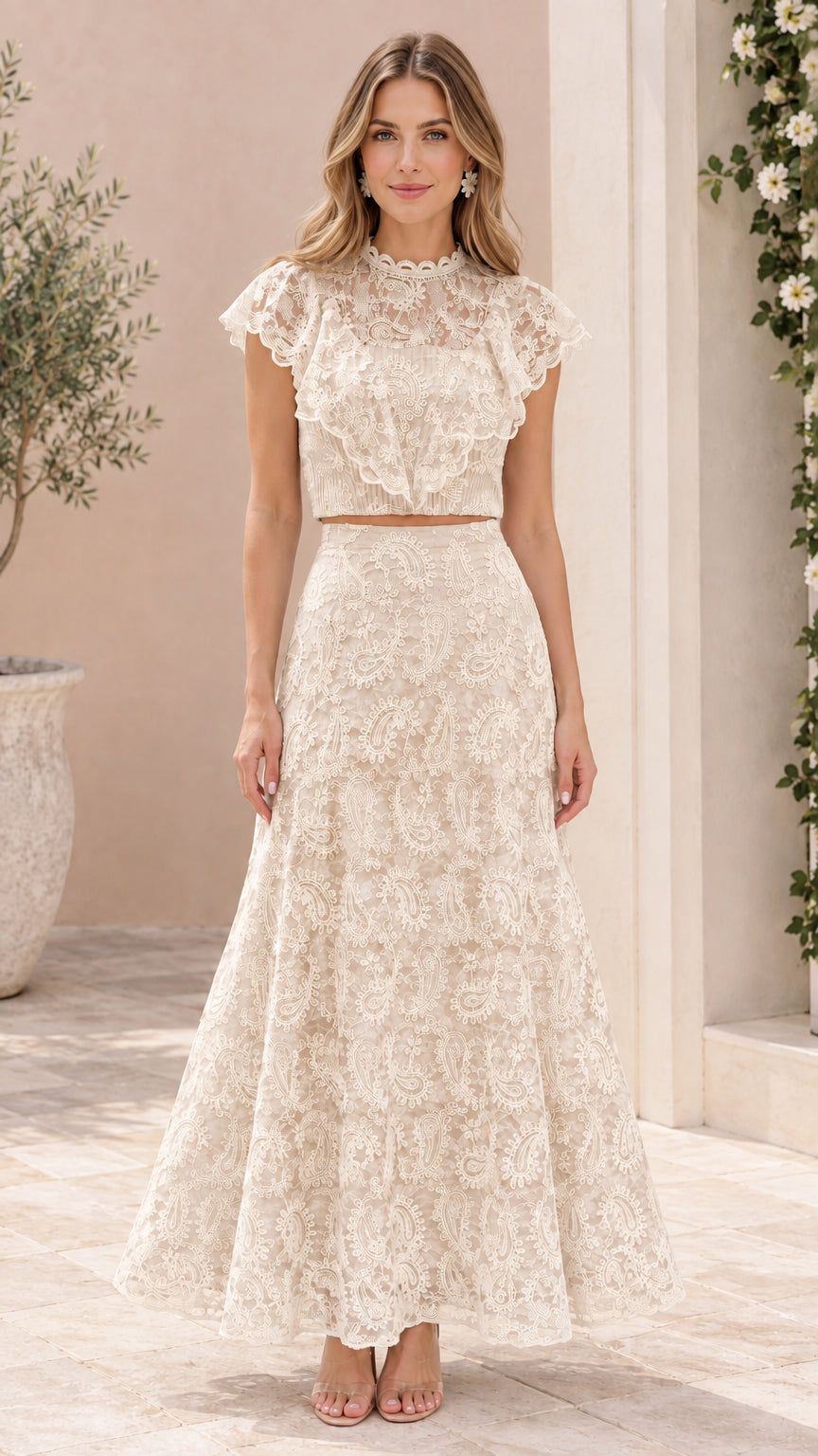 Beige champagne two-piece paisley lace crop top and maxi skirt set