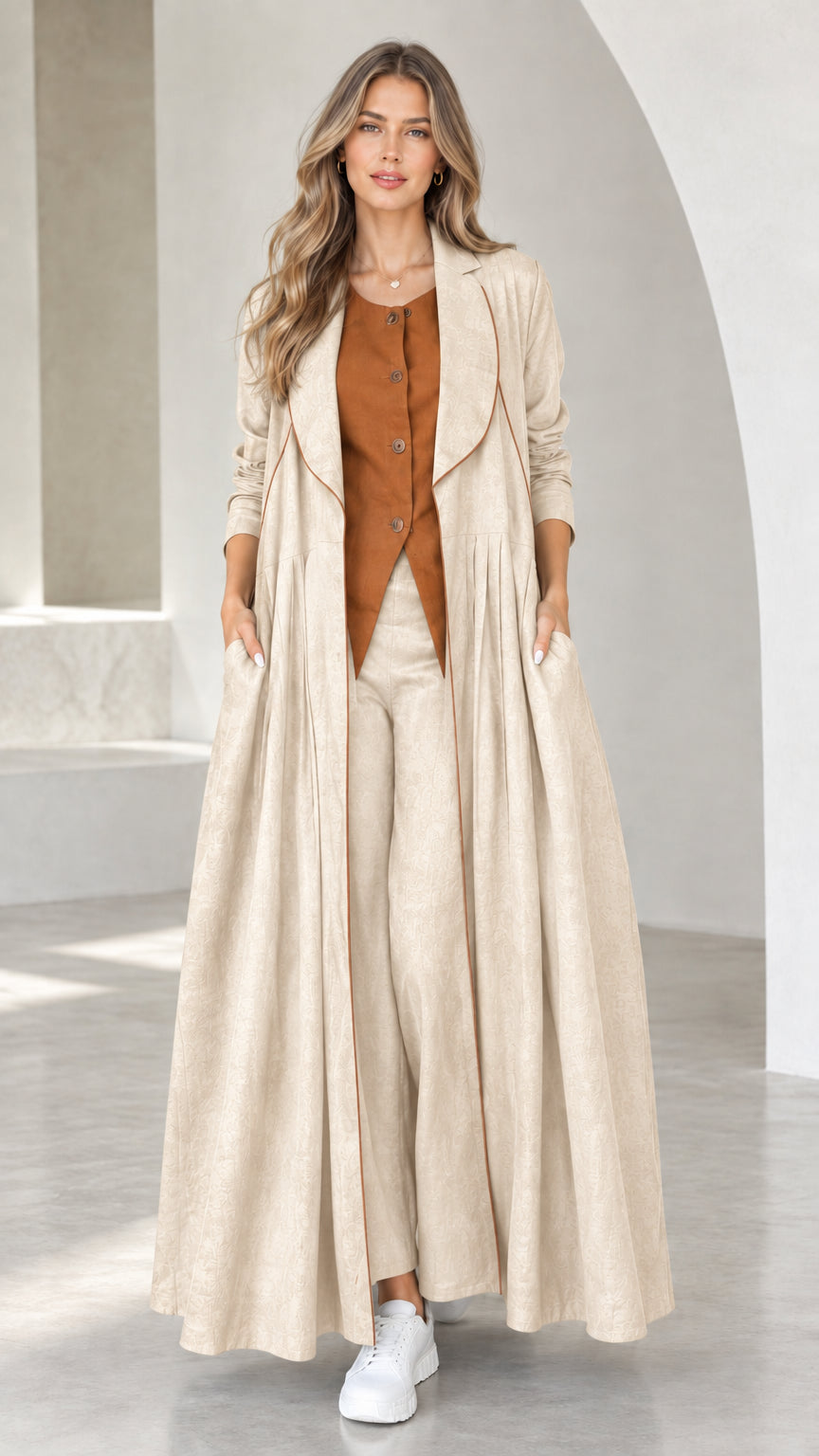 Front view of model wearing Beige pleated maxi duster coat