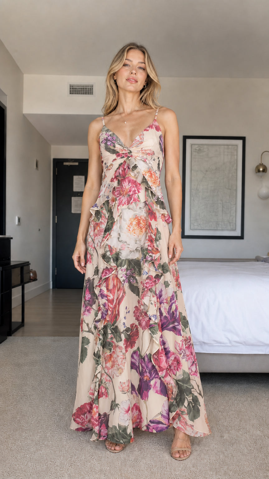 Model wearing cream floral print ruffle maxi dress