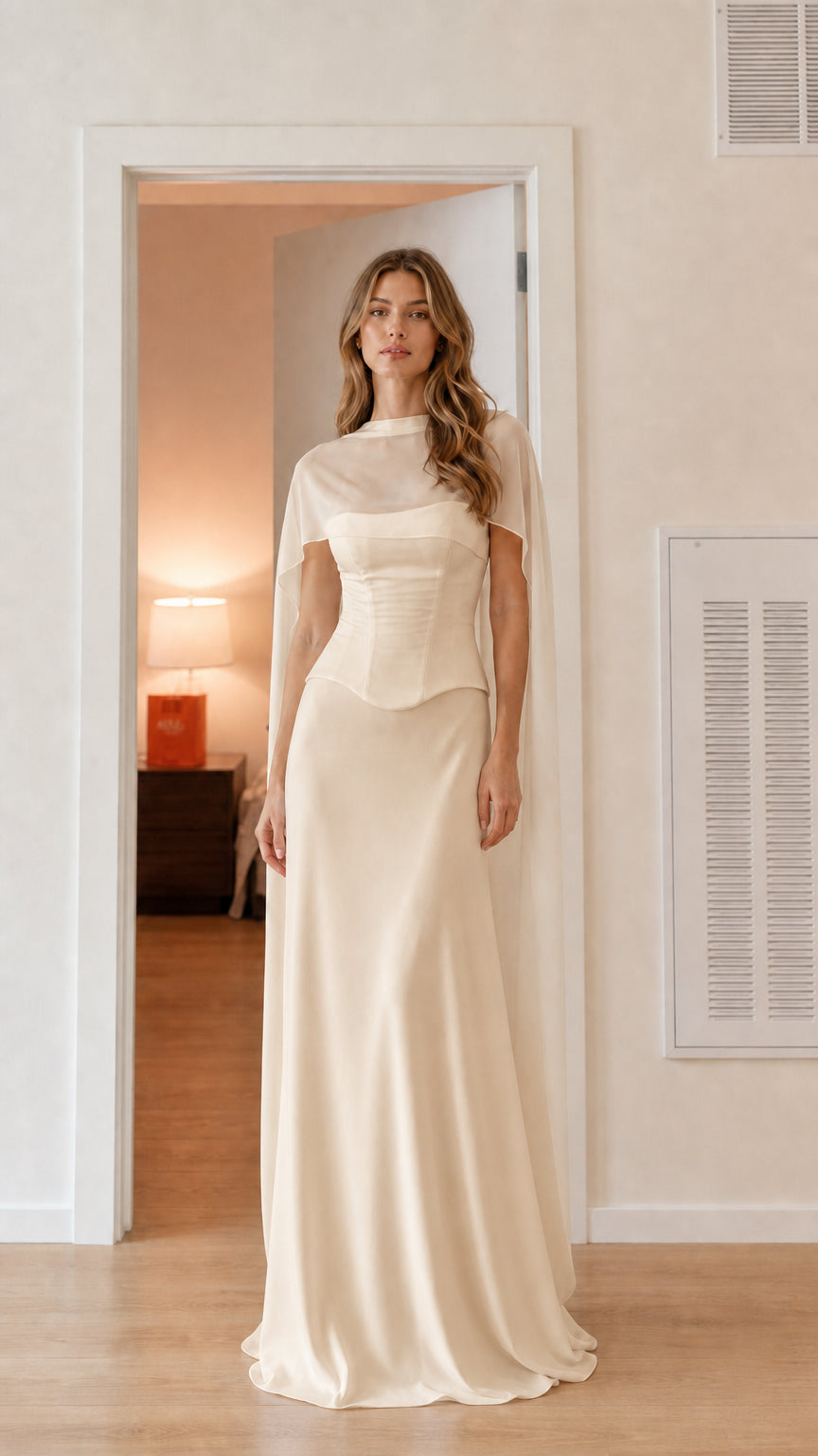 Front view of champagne cream corset cape formal evening dress
