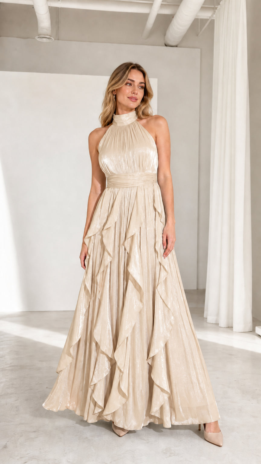 Front view of model wearing champagne high-neck pleated ruffle maxi dress