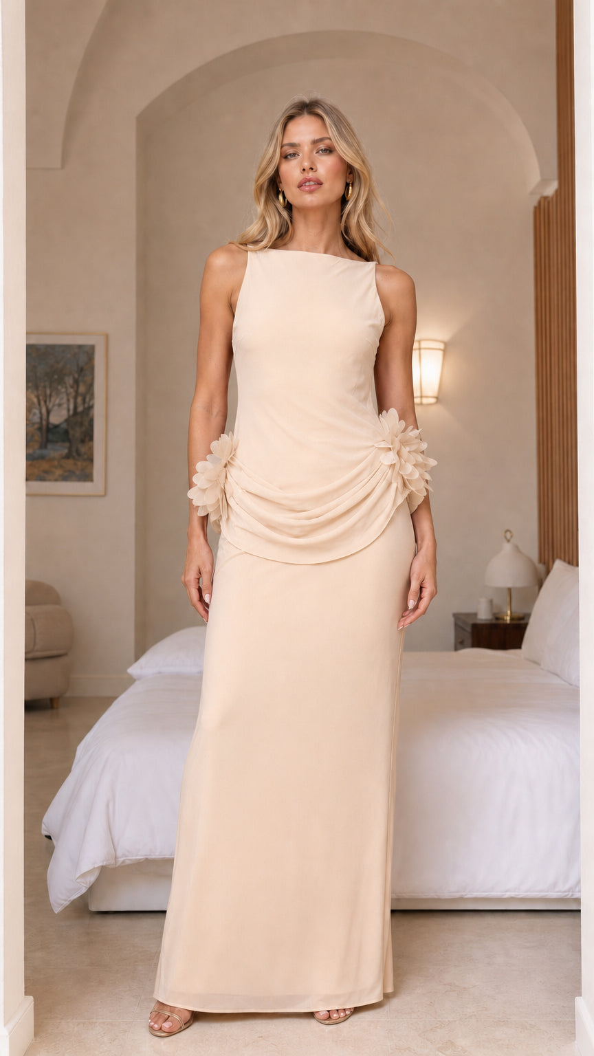 Model wearing champagne color variant of the formal maxi dress