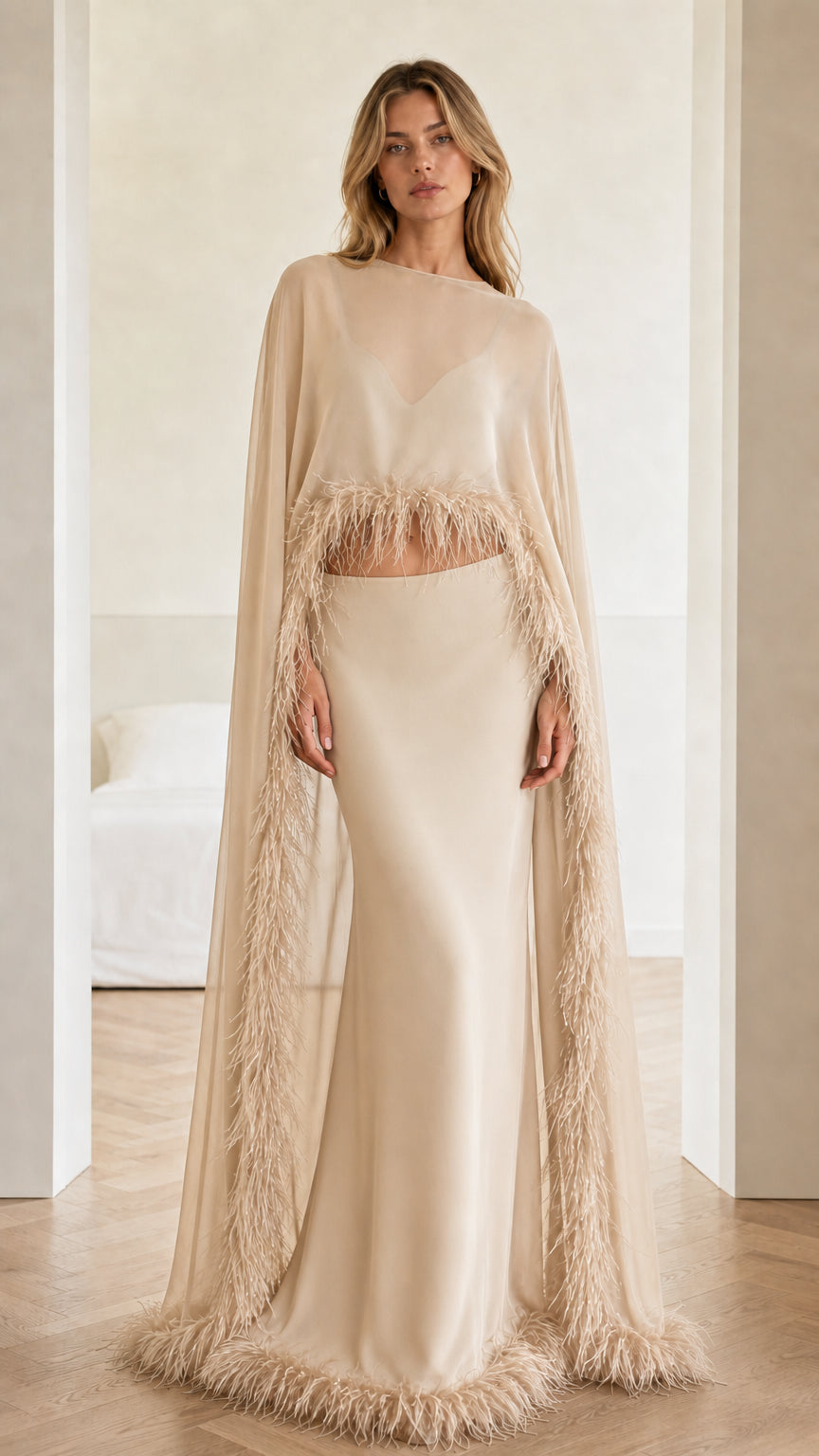 Full-length view of champagne beige feather-trim cape evening gown set