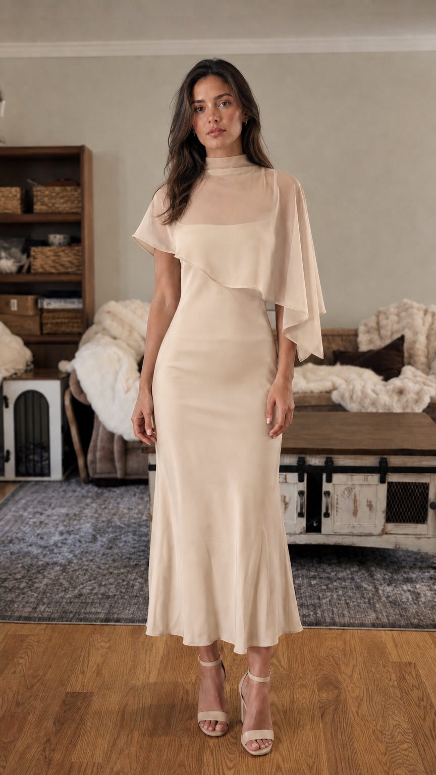 Front view of champagne mock neck cape sleeve midi dress