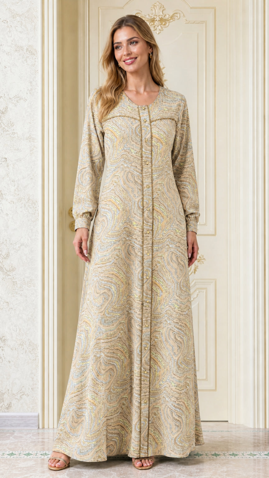 Front view of woman wearing Beige champagne marble swirl print maxi dress