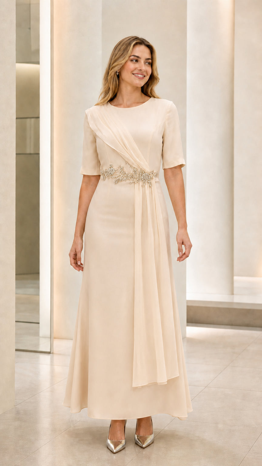 Front view of model wearing champagne cream elegant short sleeve evening maxi gown