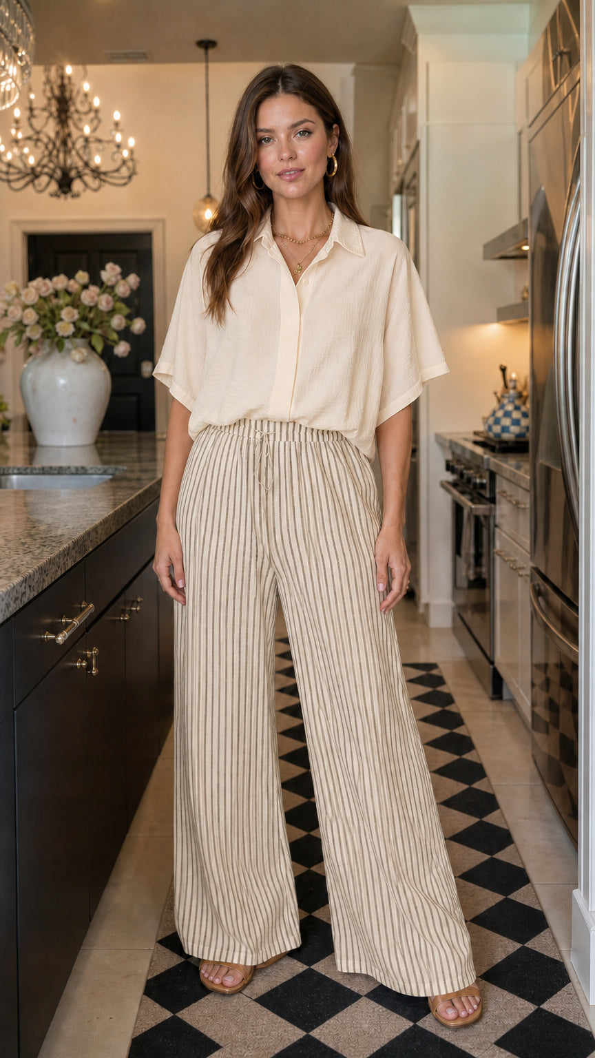 Woman wearing beige matching button down shirt and striped wide leg pants
