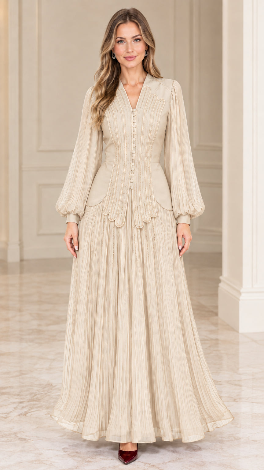 Champagne beige pleated long sleeve V-neck maxi evening gown