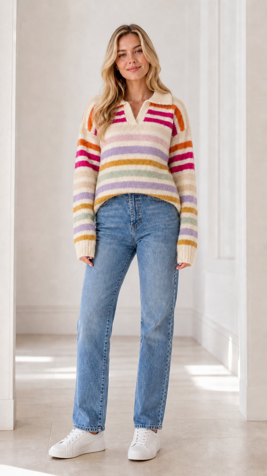 Front full view of woman wearing ivory cream multicolor striped polo knit sweater