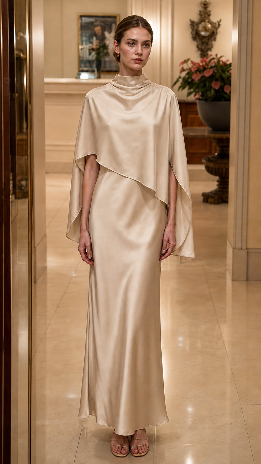 Front view of model in champagne cape maxi dress