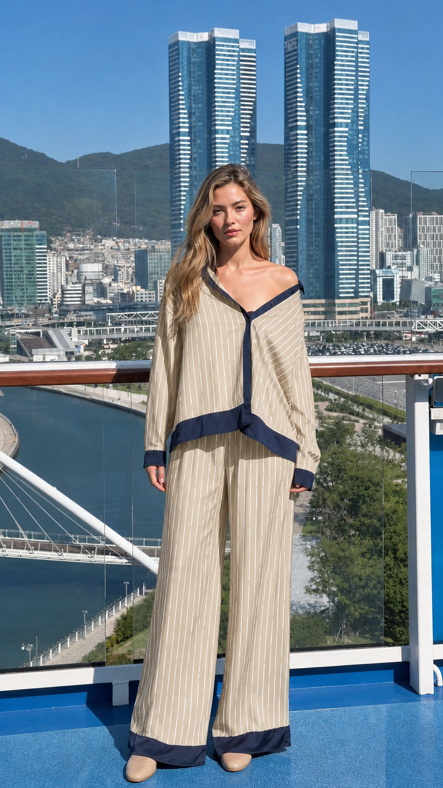 Woman wearing beige striped matching set
