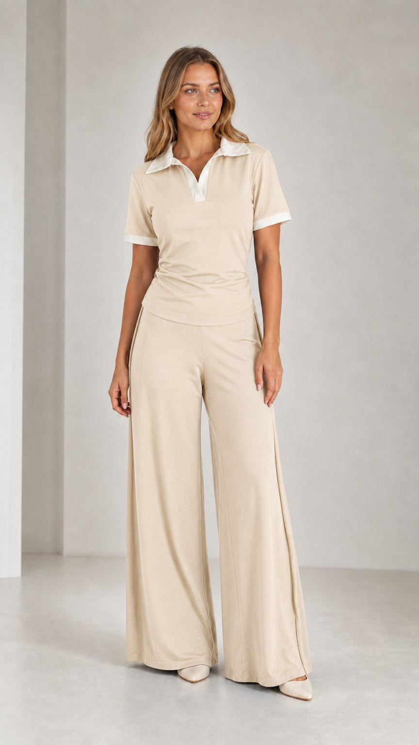 Model wearing Beige contrast collar short sleeve top and wide leg pants set