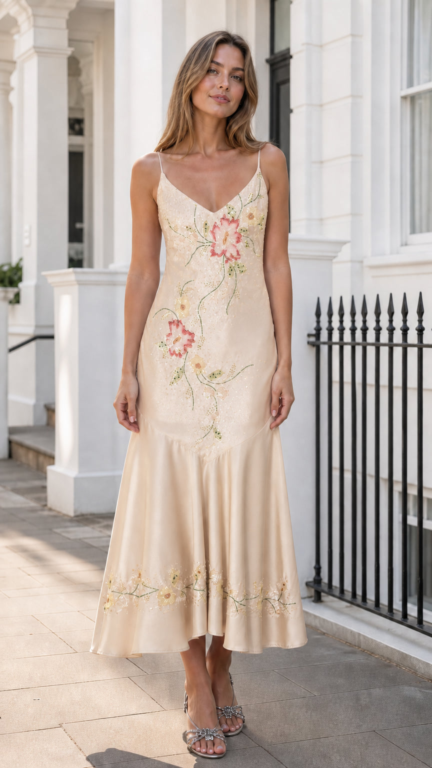 Front view of champagne beige satin slip midi dress with floral embroidery