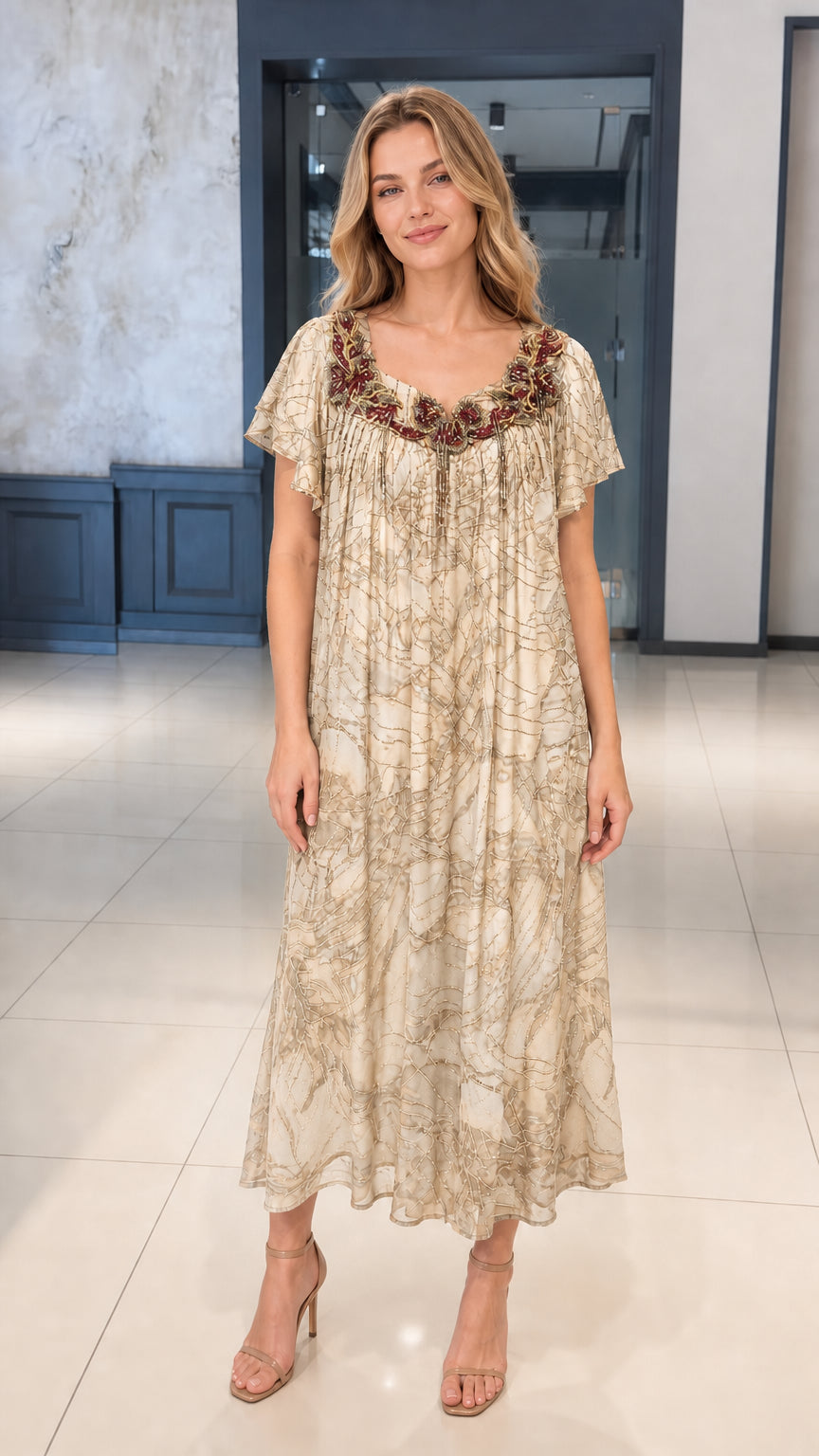 Front view of champagne beige printed pleated midi dress