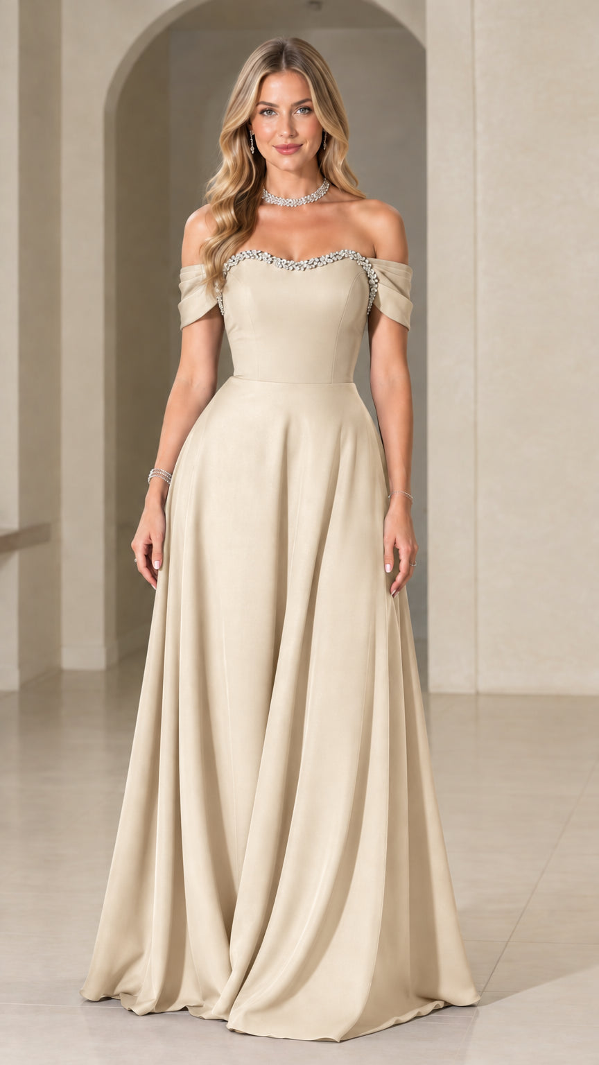 Champagne off-the-shoulder floor-length formal dress with rhinestone trim