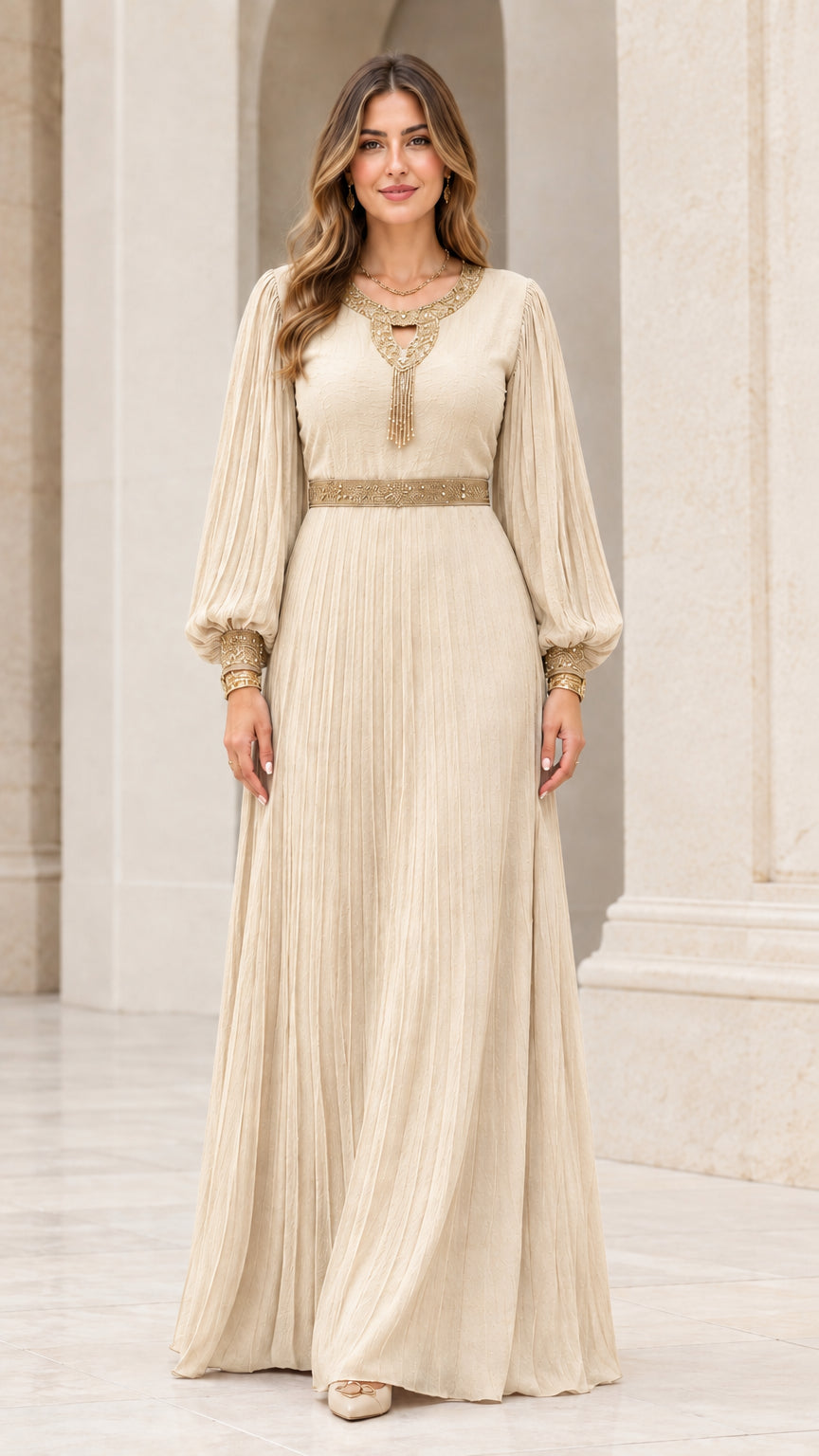 Front view of champagne cream pleated evening maxi gown with metallic embroidery