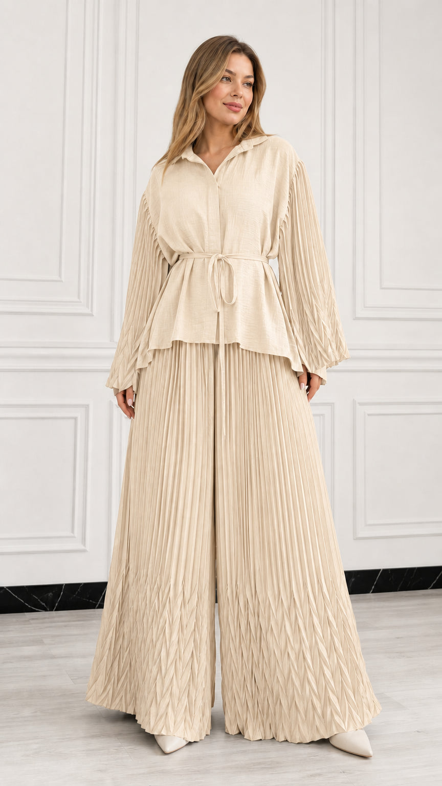 Full front view of woman wearing Champagne Beige pleated two-piece pant set