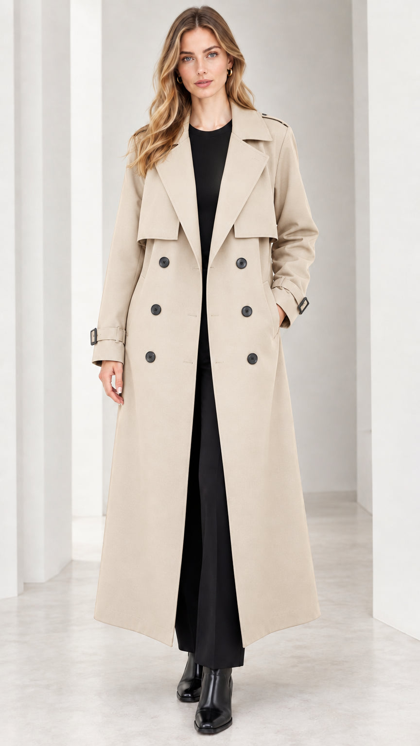 Front view of woman wearing classic beige double-breasted maxi trench coat