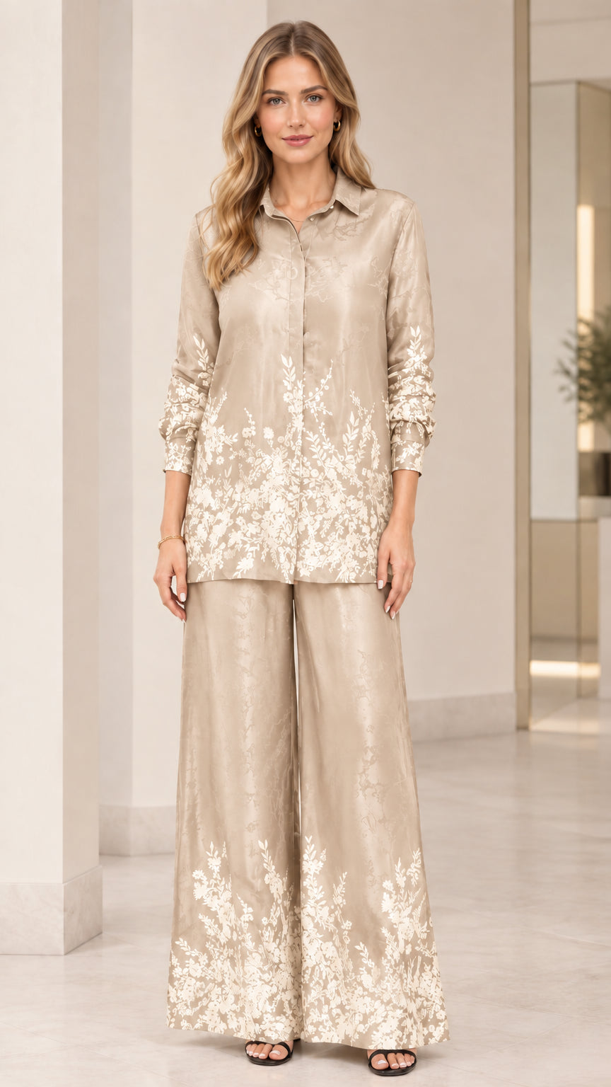Front full view of women's floral satin two-piece matching set in champagne beige