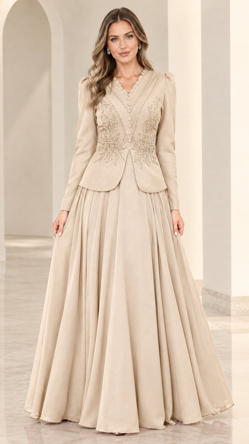 Champagne beige beaded V-neck long sleeve formal gown