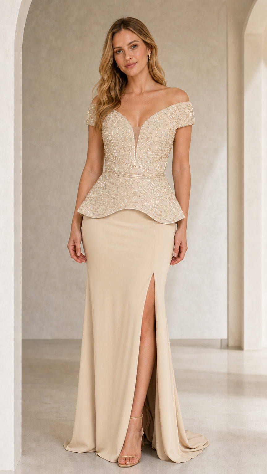 Front view of champagne gold off-the-shoulder beaded peplum formal dress