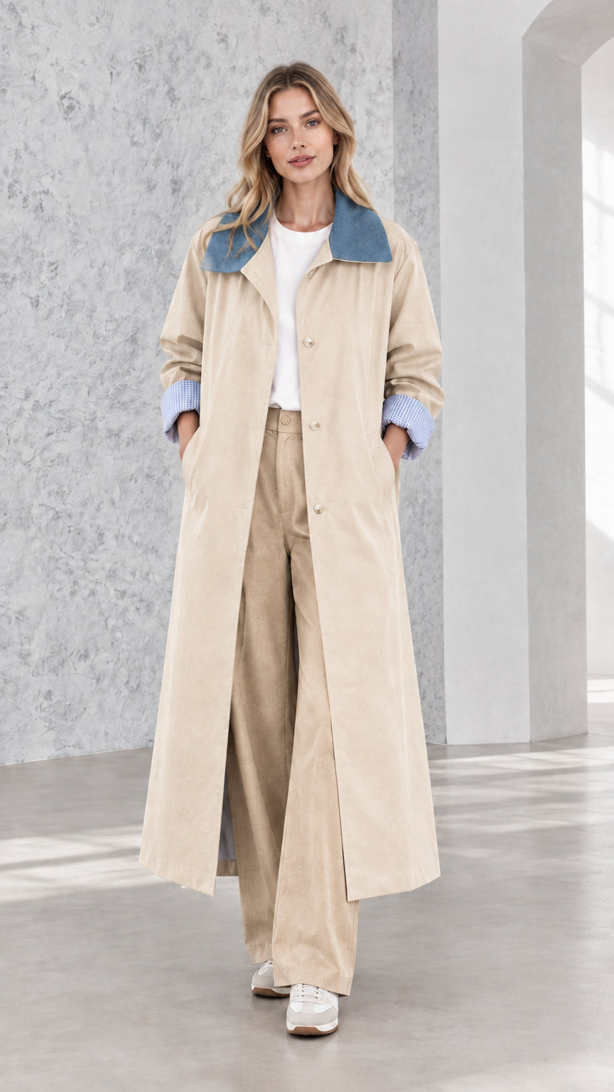 Model wearing classic beige longline trench coat with contrast blue collar