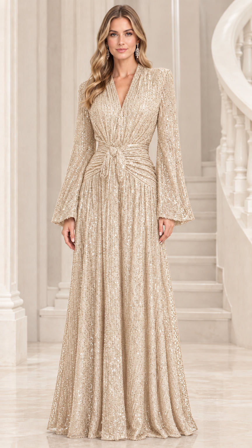 Champagne gold sequin pleated bell sleeve evening dress