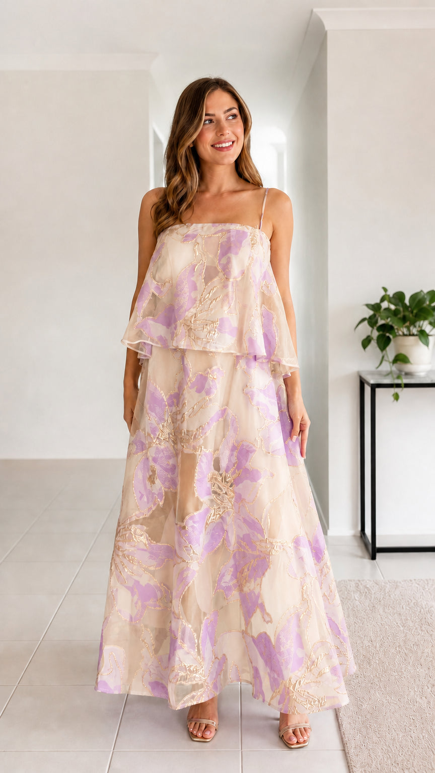 Front view of champagne blush metallic floral tiered cami maxi dress