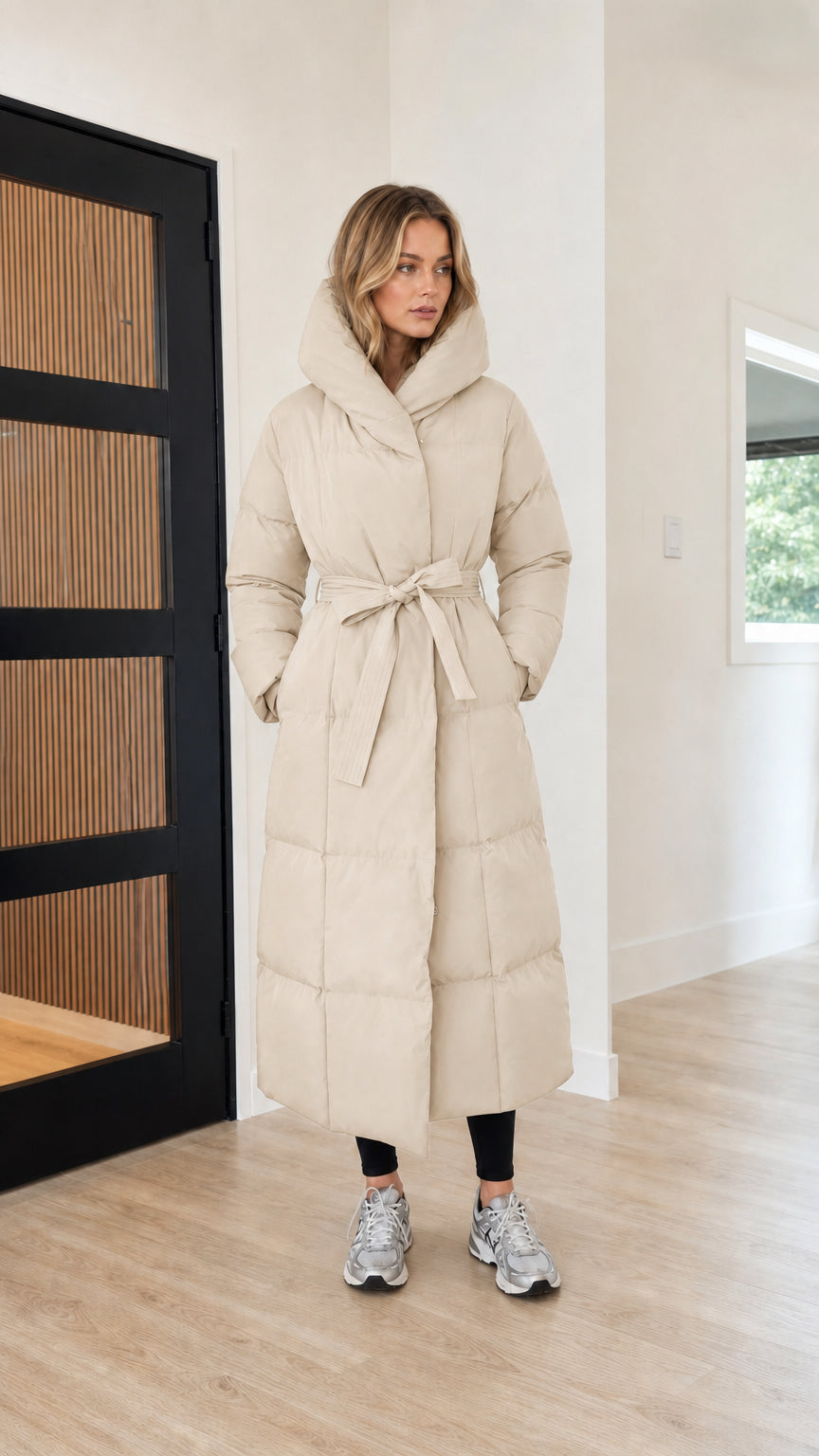 Women's hooded maxi belted winter puffer coat in cream beige