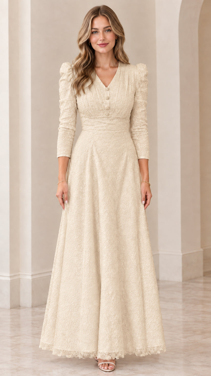 Full-length front view of woman wearing champagne beige lace maxi dress